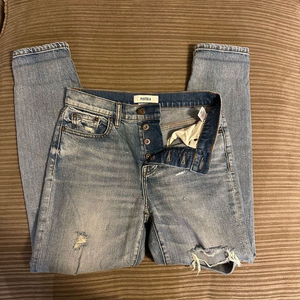 Pistola buttonfly distressed light wash jeans 25